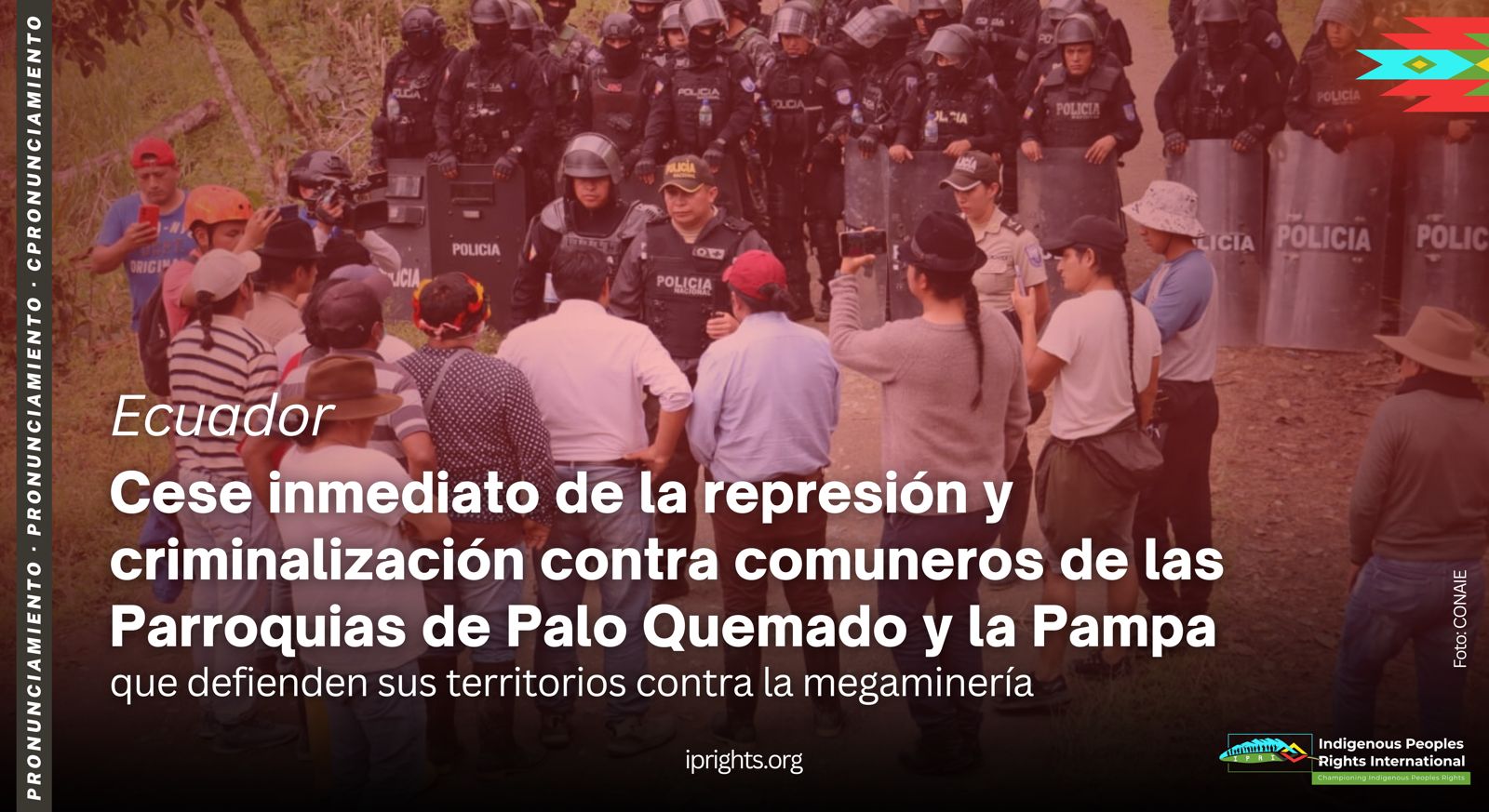 ECUADOR: Cese inmediato de la represión y criminalización contra comuneros de las Parroquias de Palo Quemado y la Pampa que defienden sus territorios contra la megaminería